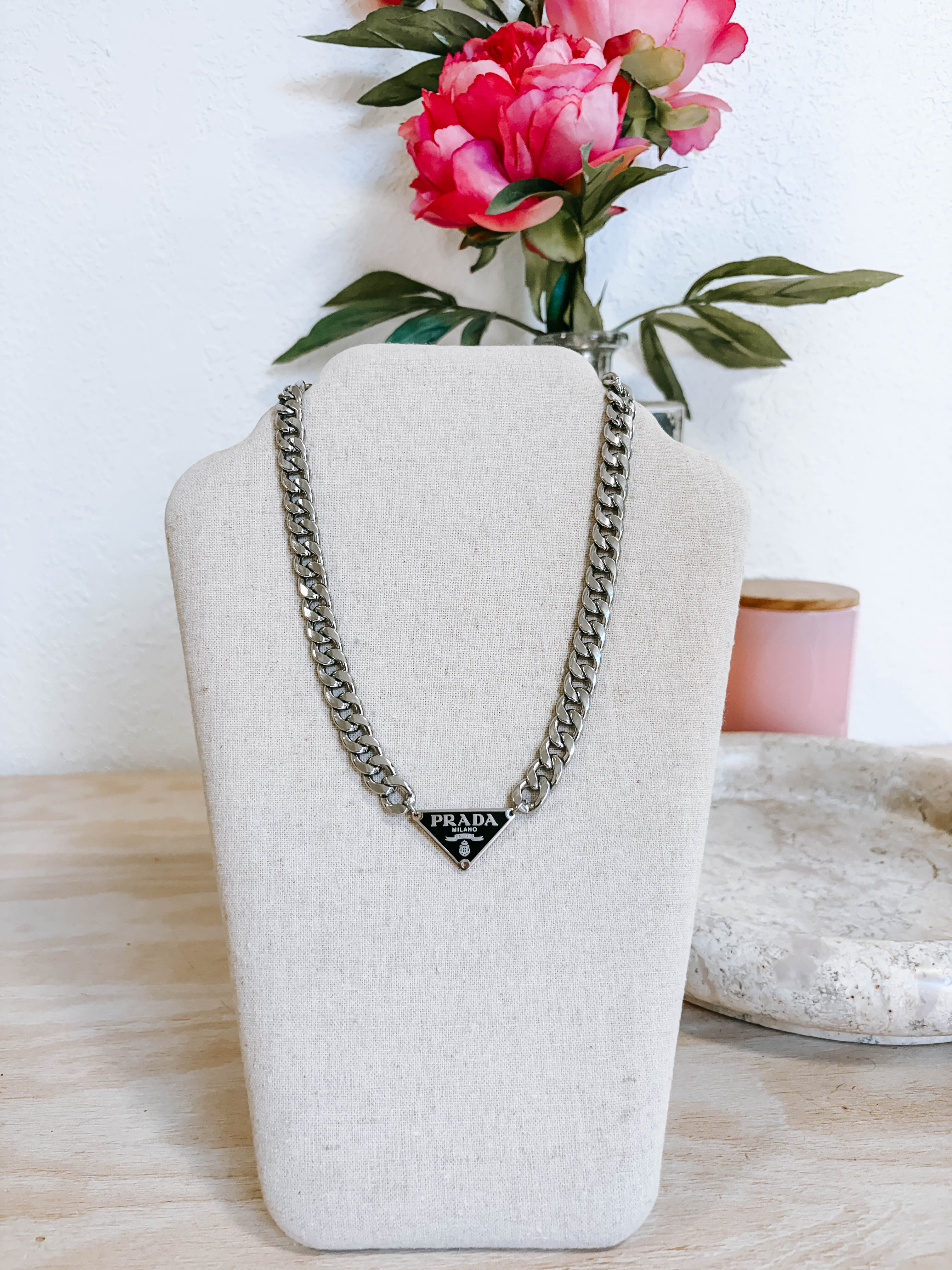 Upcycled Prada Triangle Logo Necklace - Silver Flat Link Chain