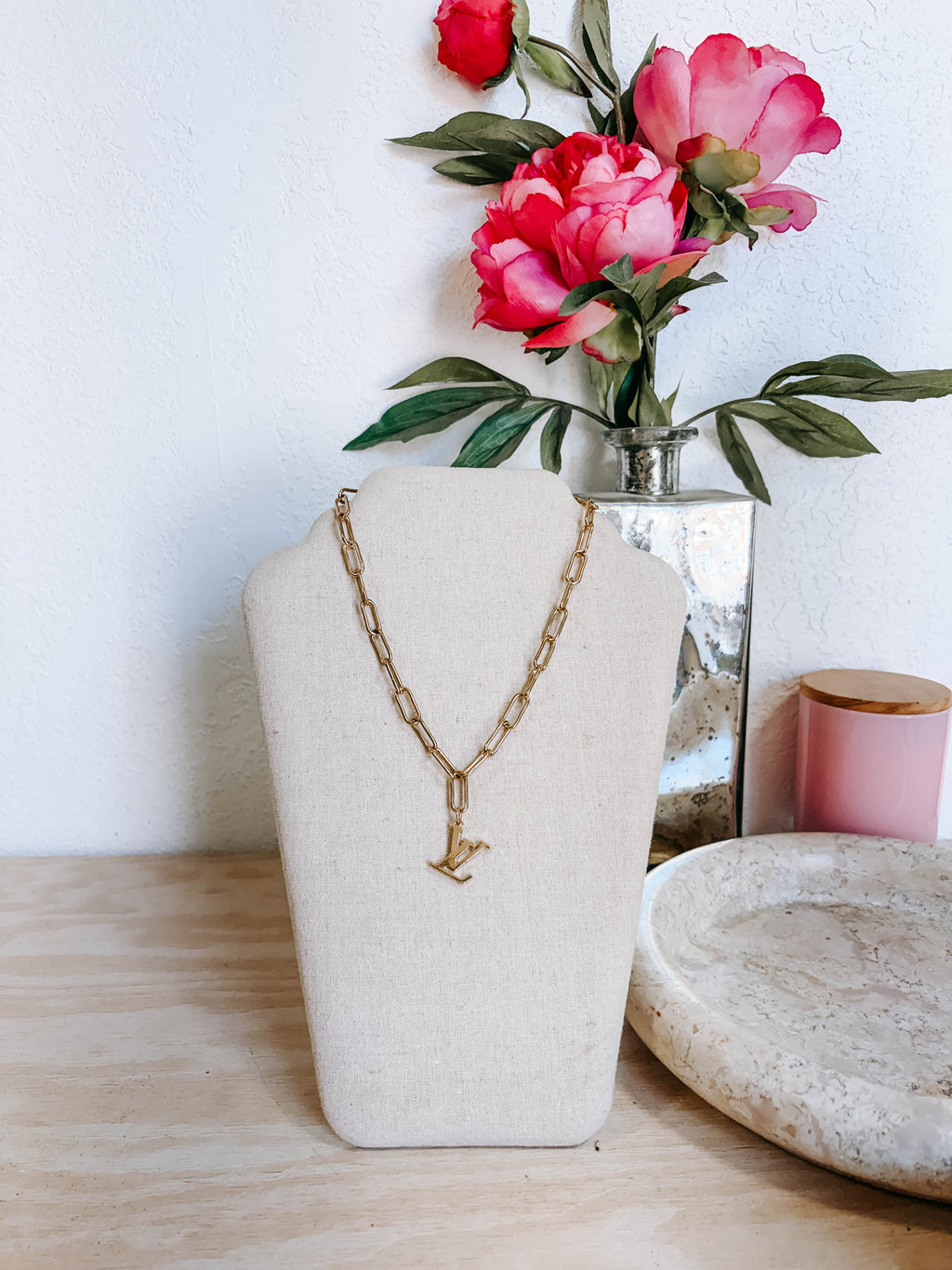 Upcycled Louis Vuitton LV Logo Charm Necklace – 18k Yellow Gold Plated Paperclip Chain