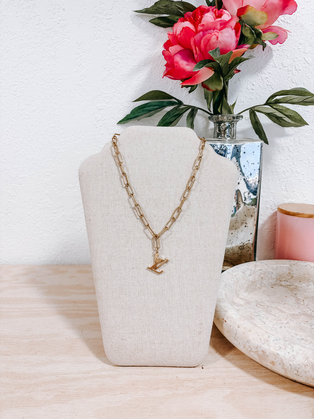 Upcycled Louis Vuitton LV Logo Charm Necklace – 18k Yellow Gold Plated Paperclip Chain