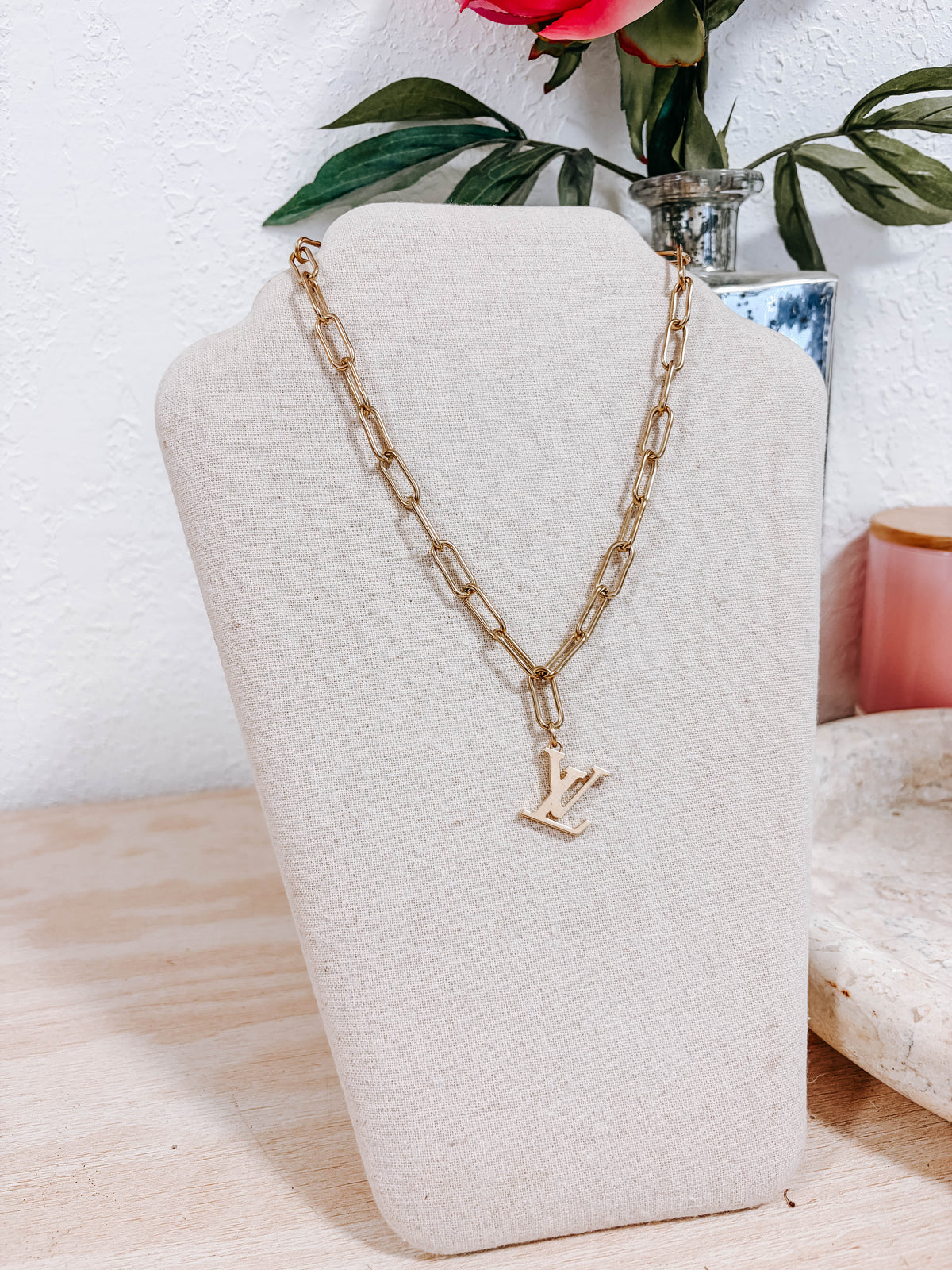 Upcycled Louis Vuitton LV Logo Charm Necklace – 18k Yellow Gold Plated Paperclip Chain