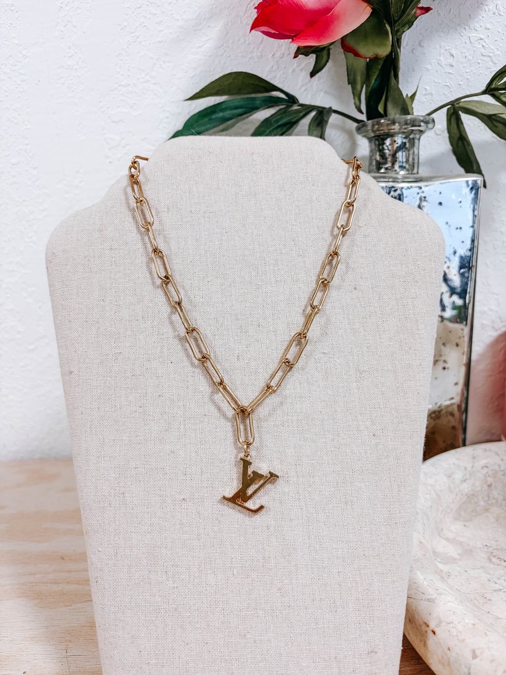 Upcycled Louis Vuitton LV Logo Charm Necklace – 18k Yellow Gold Plated Paperclip Chain