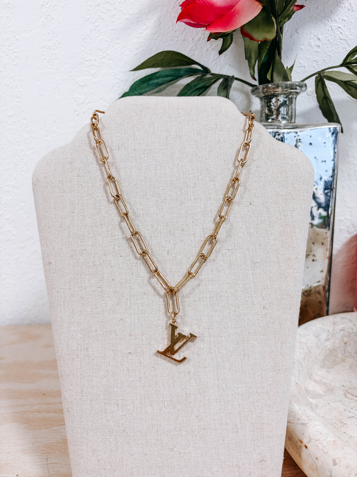 Upcycled Louis Vuitton LV Logo Charm Necklace – 18k Yellow Gold Plated Paperclip Chain