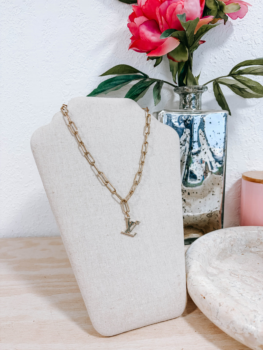 Upcycled Louis Vuitton LV Logo Charm Necklace – 18k Yellow Gold Plated Paperclip Chain