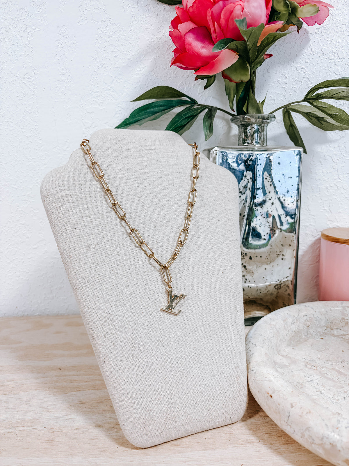 Upcycled Louis Vuitton LV Logo Charm Necklace – 18k Yellow Gold Plated Paperclip Chain