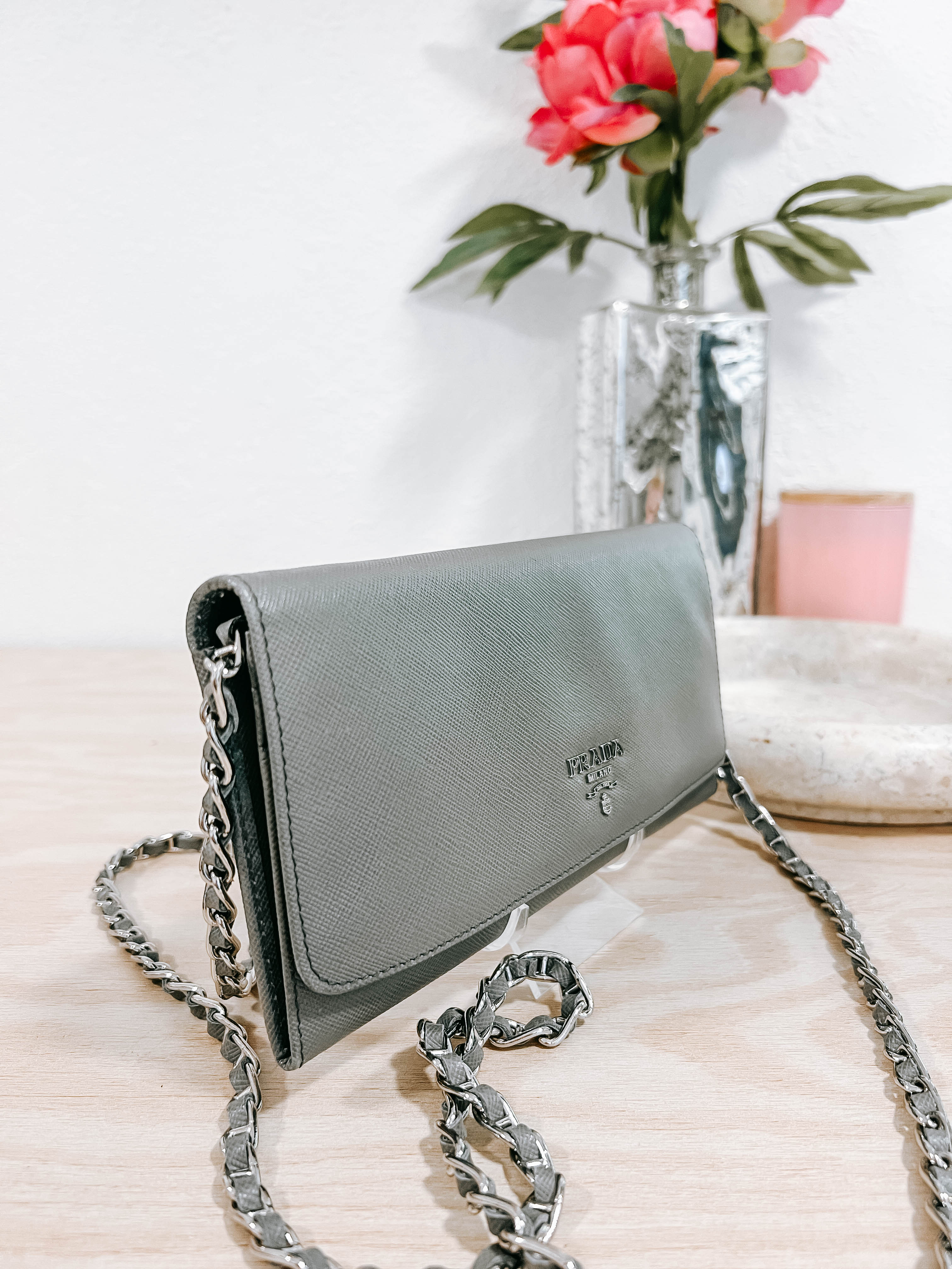 Pre-Owned Prada Grey Wallet on Chain *Final Sale*