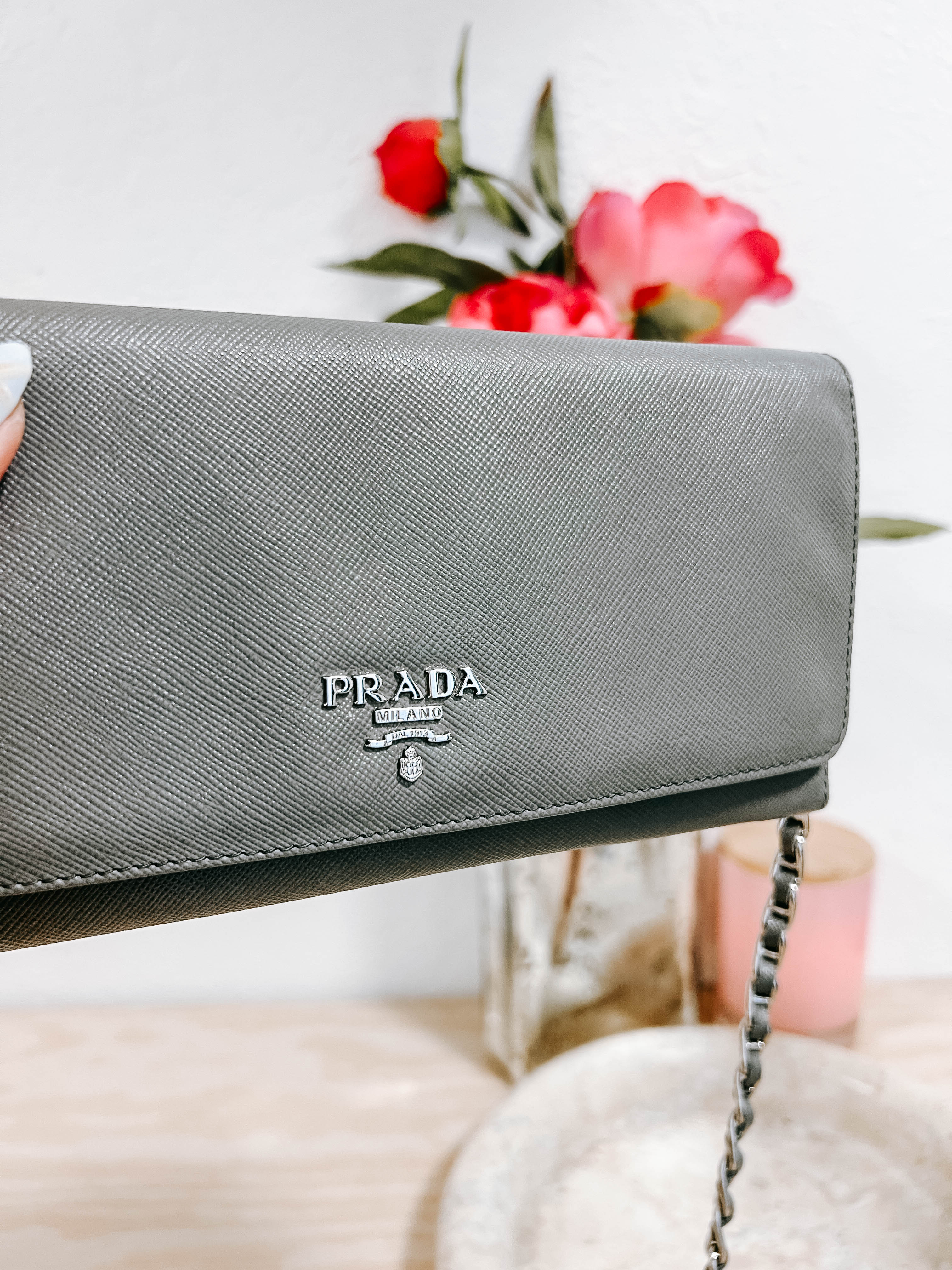 Pre-Owned Prada Grey Wallet on Chain *Final Sale*