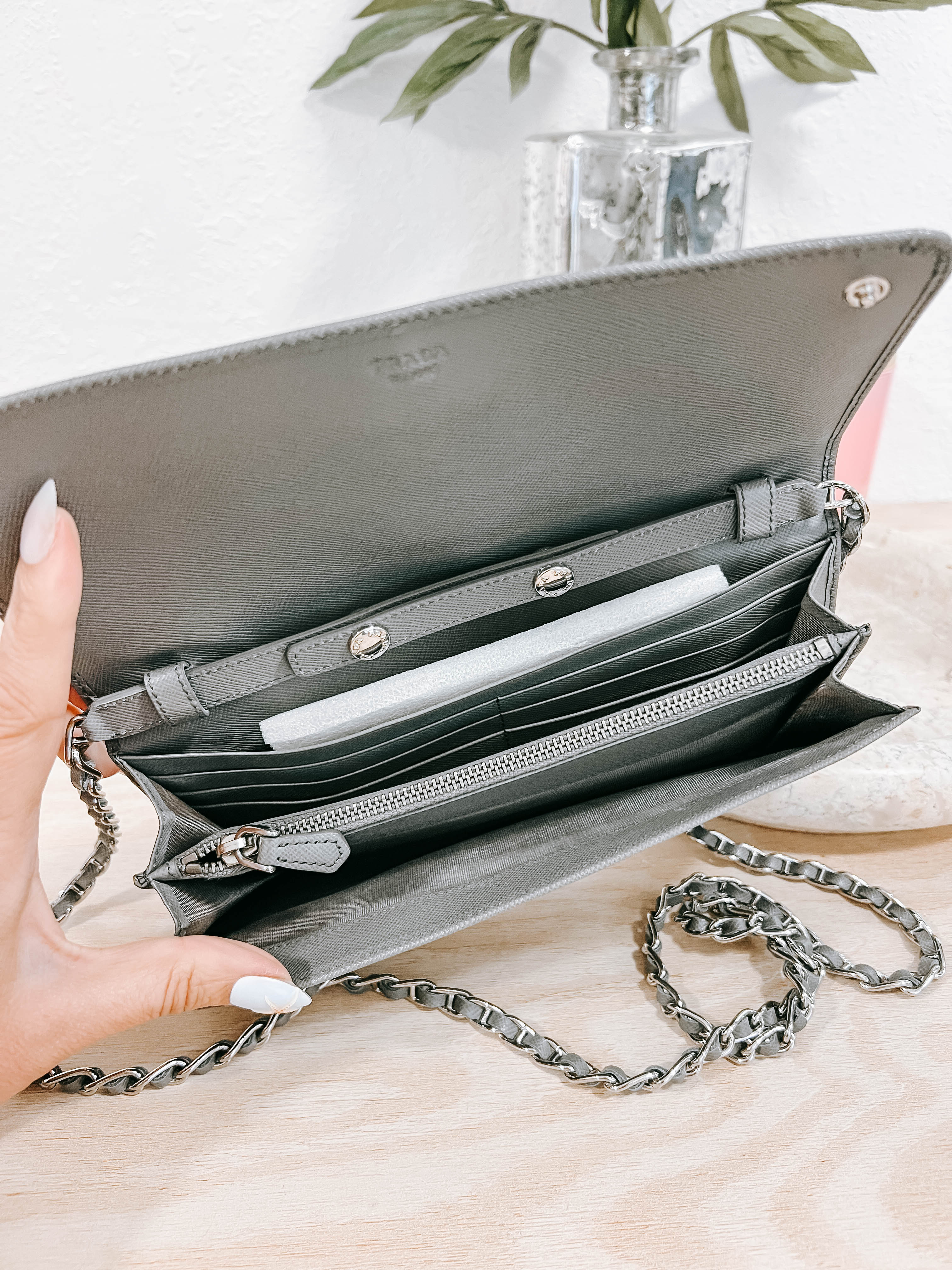 Pre-Owned Prada Grey Wallet on Chain *Final Sale*