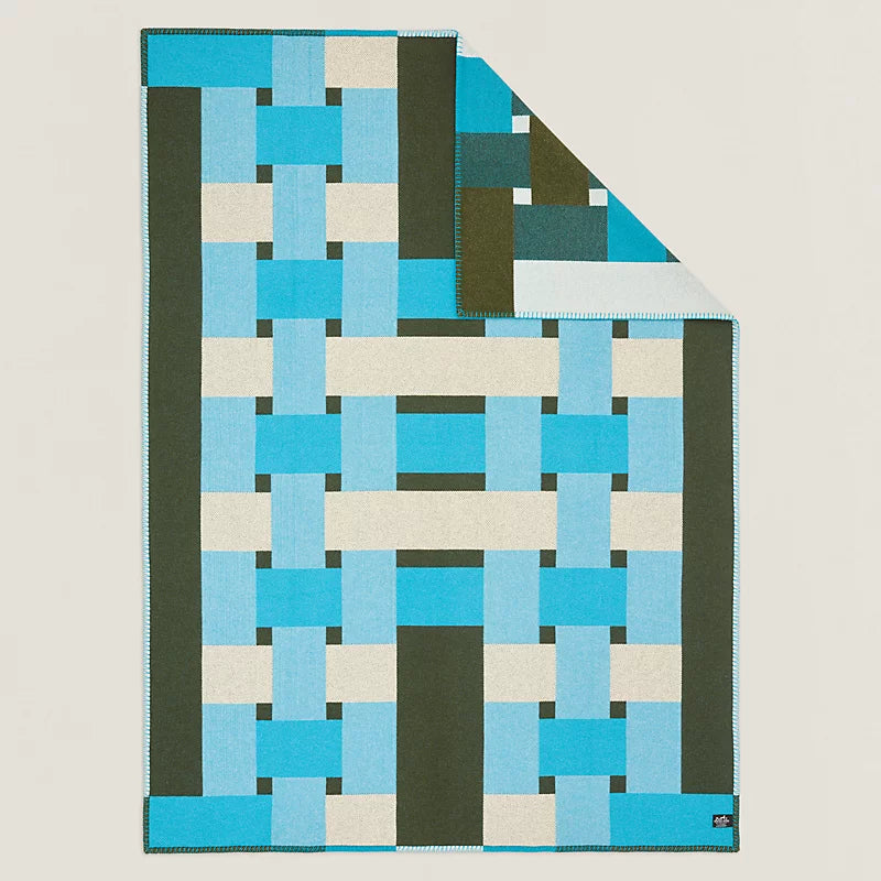 Pre-Owned Hermès H Tissage Throw Blanket – Reversible Blue & Green | BNWT