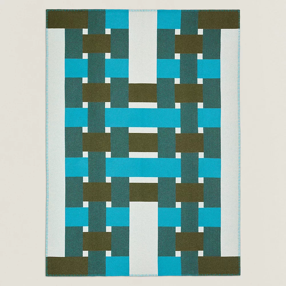 Pre-Owned Hermès H Tissage Throw Blanket – Reversible Blue & Green | BNWT
